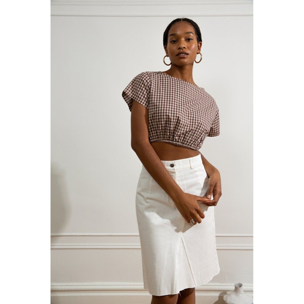 Loup Daria Denim Pencil Skirt In White Size Medium Button Front Fly MSRP $163